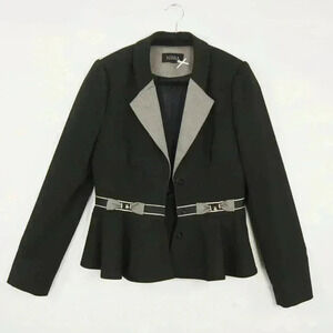 Nissa Classic Black Grey Collar Trim Button Up Blazer Jacket